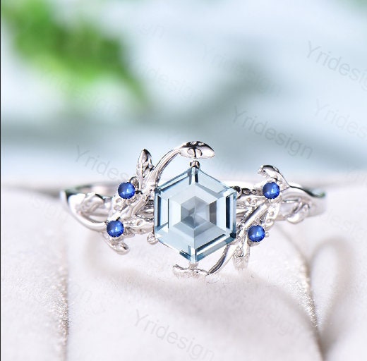 Natural Alternative Aquamarine Ring White Gold Vintage Leaf Aquamarine Engagement Ring Unique Cluster Blue Sapphire  Wedding Ring For Women - PENFINE