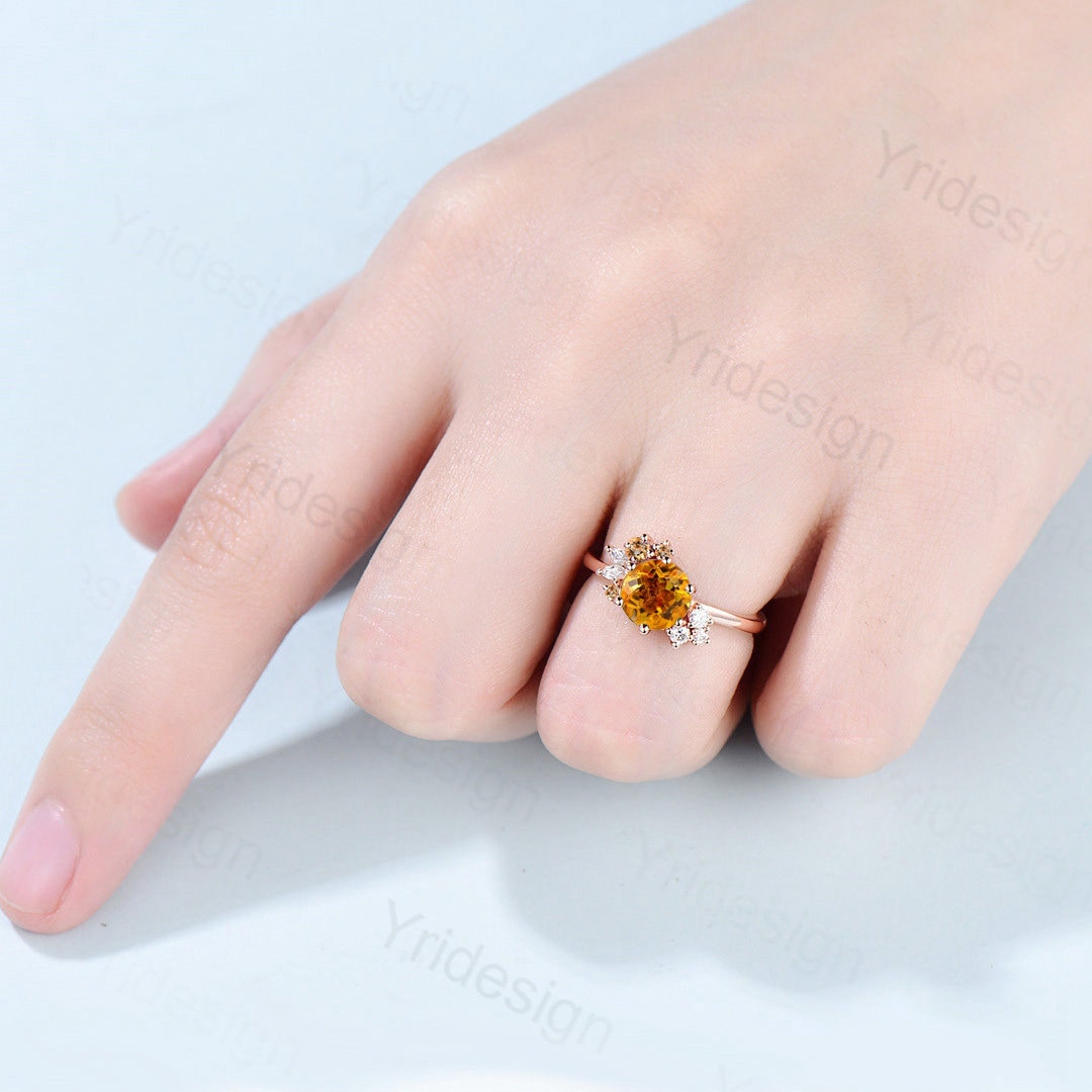 14k Gold Citrine Engagement Ring Set, Art Deco Citrine Bridal Ring Set, Round Cut Citrine Antique Promise orders Ring Set, Natural Citrine Ring Set