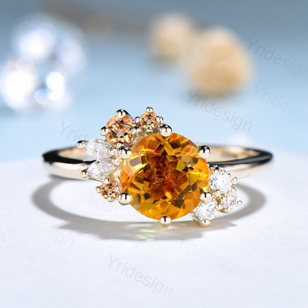 Unique Citrine Engagement Ring Gold Cluster Natural Alternative Citrine Wedding Ring For Women Vintage art deco  Anniversary Promise Ring - PENFINE