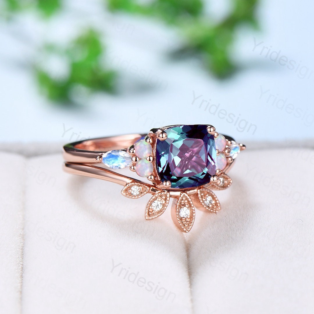 Vintage Cushion Alexandrite Engagement Ring Unique Opal Moonstone Wedding Ring Women Curved Leaf Vine Moissanite Band Anniversary Bridal Set - PENFINE