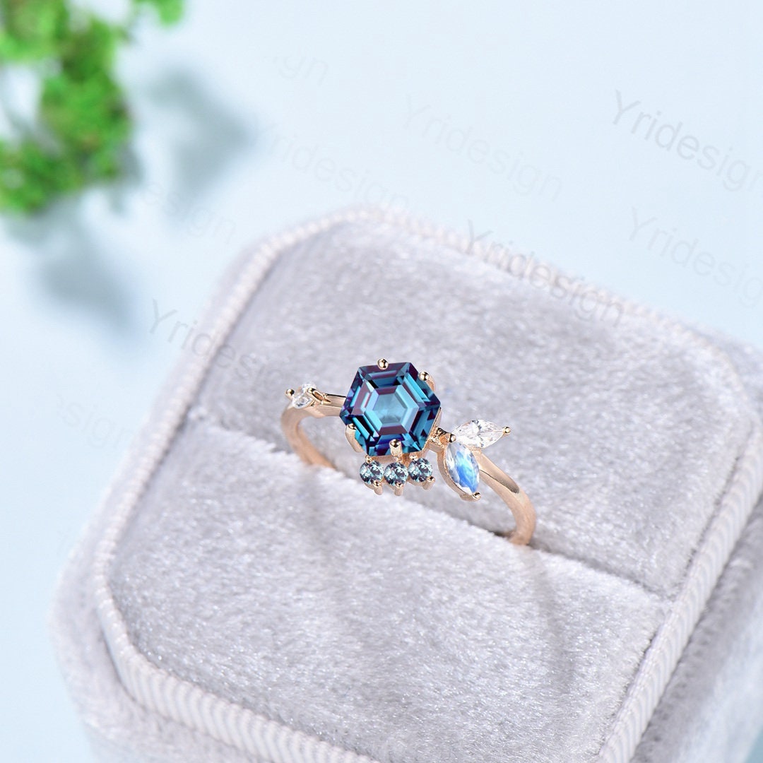 Cluster marquise moonstone Ring Vintage Hexagon Alexandrite engagement ring art deco fish silver gold moissanite bridal ring women gifts - PENFINE