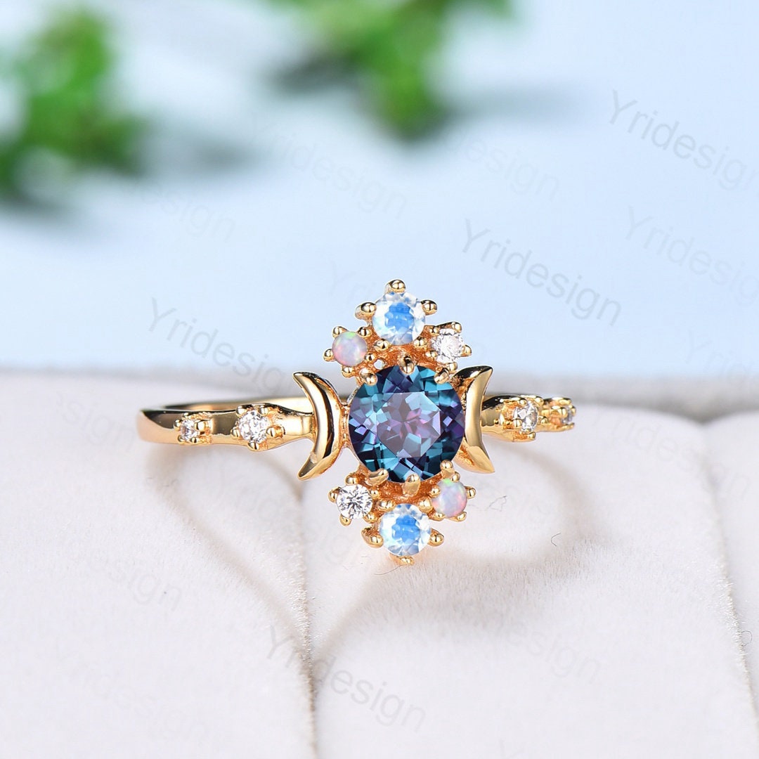 Unique alexandrite engagement ring 5mm dainty round color changing stone vintage cluster opal moonstone Boho wedding ring for women - PENFINE