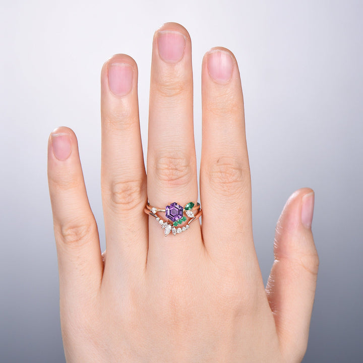 2pcs Vintage Amethyst ring set Hexagon amethyst engagement ring 14k rose gold February birthstone ring art deco moissanite wedding set women - PENFINE