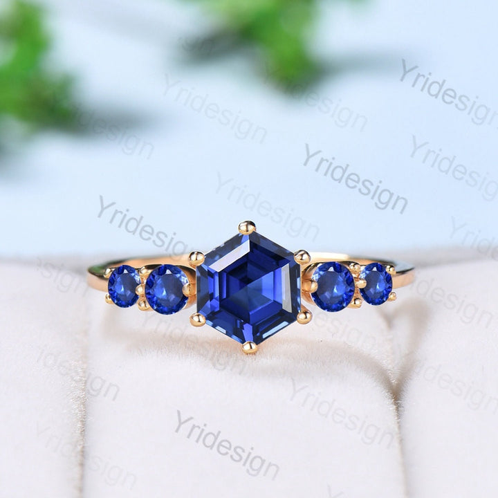 Vintage blue sapphire gold ring Unique hexagon cut healing sapphire engagement ring five stone minimalist personalized wedding ring women - PENFINE