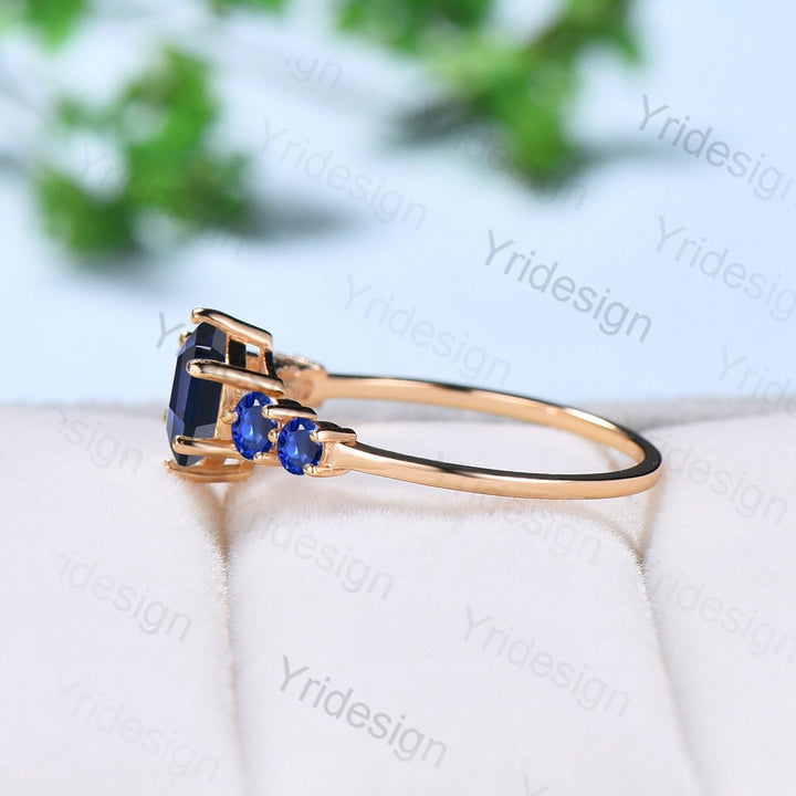 Vintage blue sapphire gold ring Unique hexagon cut healing sapphire engagement ring five stone minimalist personalized wedding ring women - PENFINE