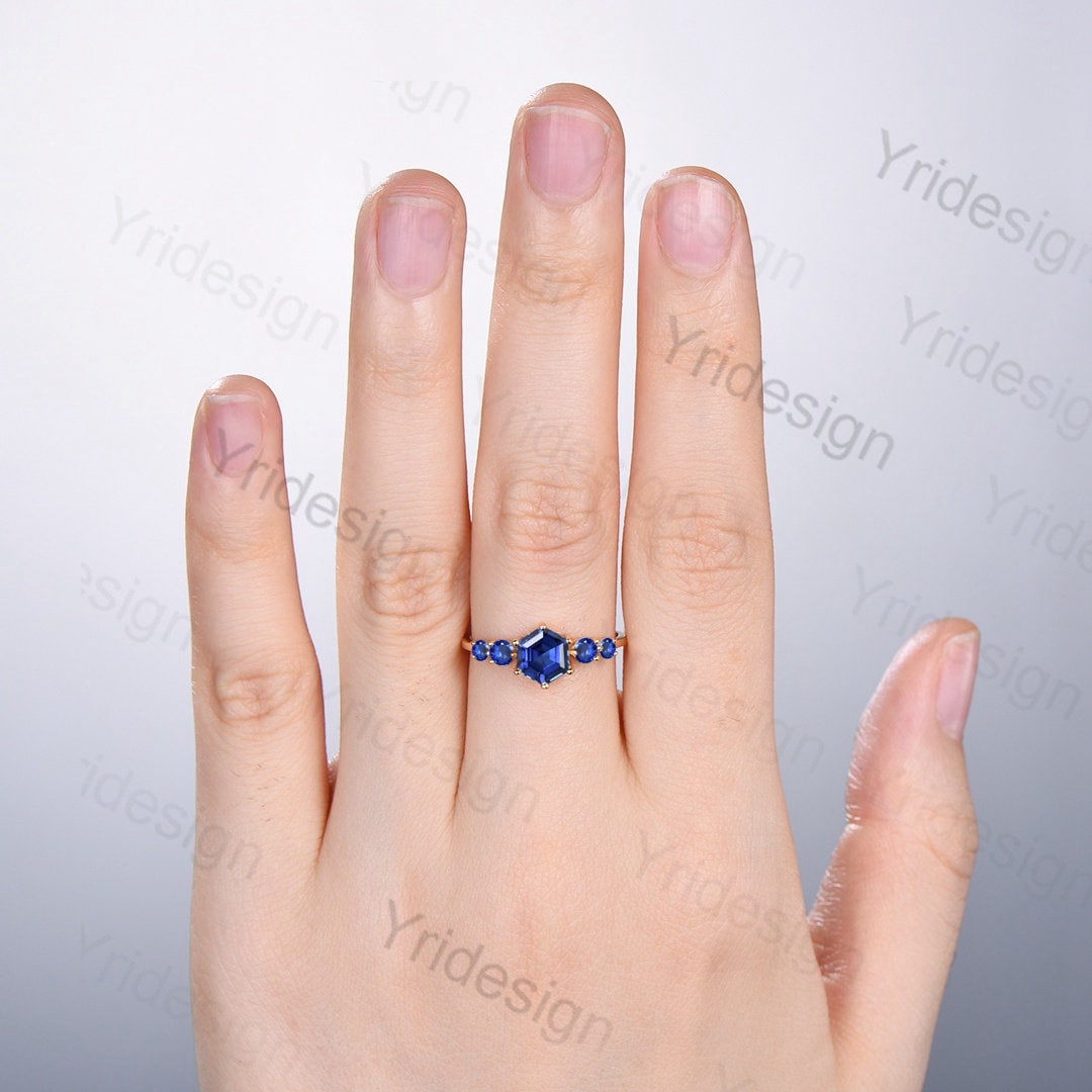 Vintage blue sapphire gold ring Unique hexagon cut healing sapphire engagement ring five stone minimalist personalized wedding ring women - PENFINE