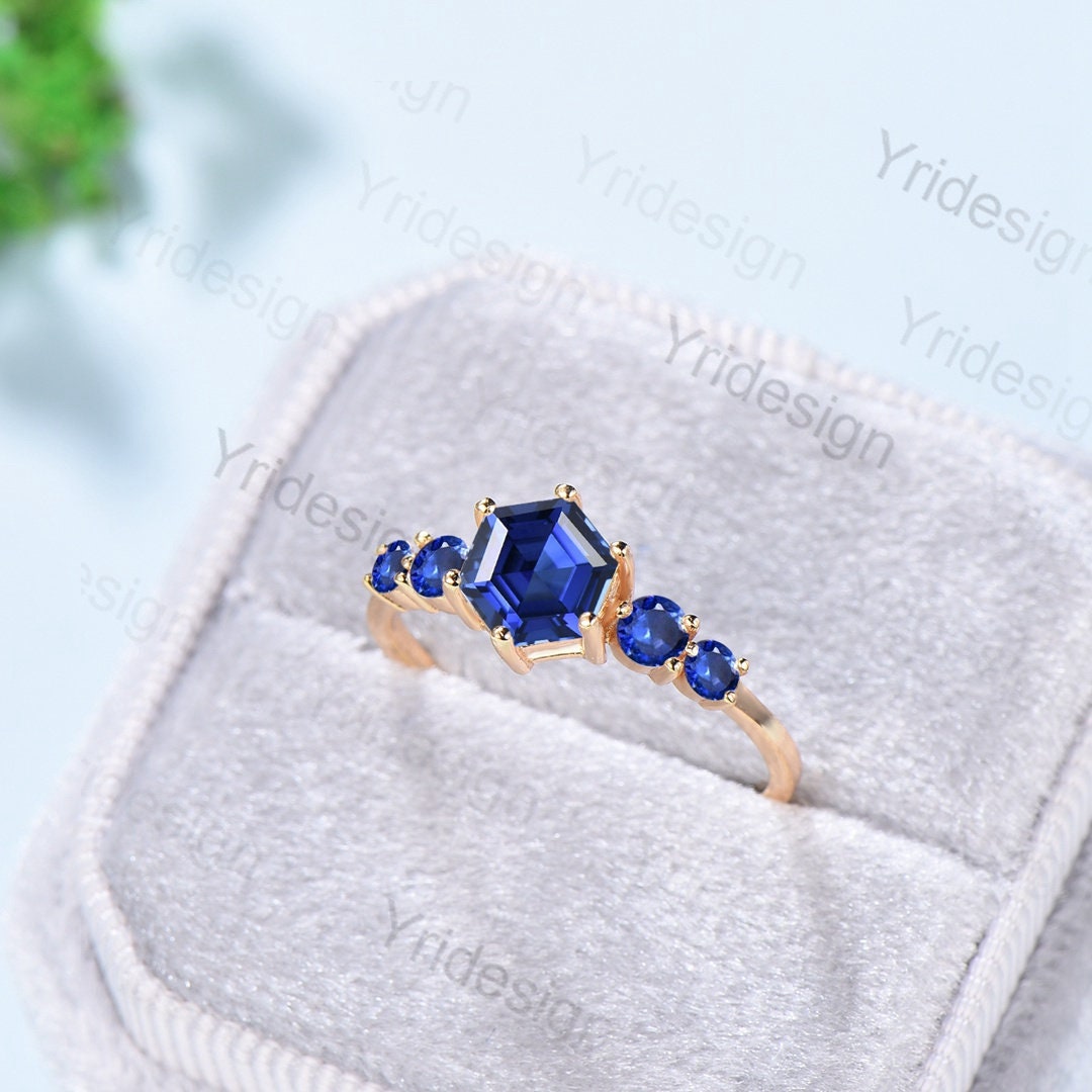 Vintage blue sapphire gold ring Unique hexagon cut healing sapphire engagement ring five stone minimalist personalized wedding ring women - PENFINE