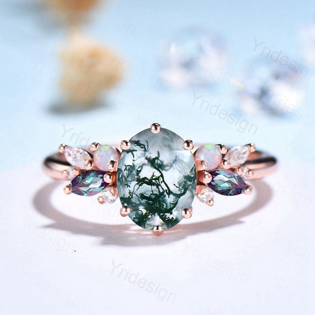 Unique Moss Agate Engagement Ring Women Alternative Alexandrite Opal Wedding Ring Vintage Nature Inspired Cluster Moissanite Promise Ring - PENFINE