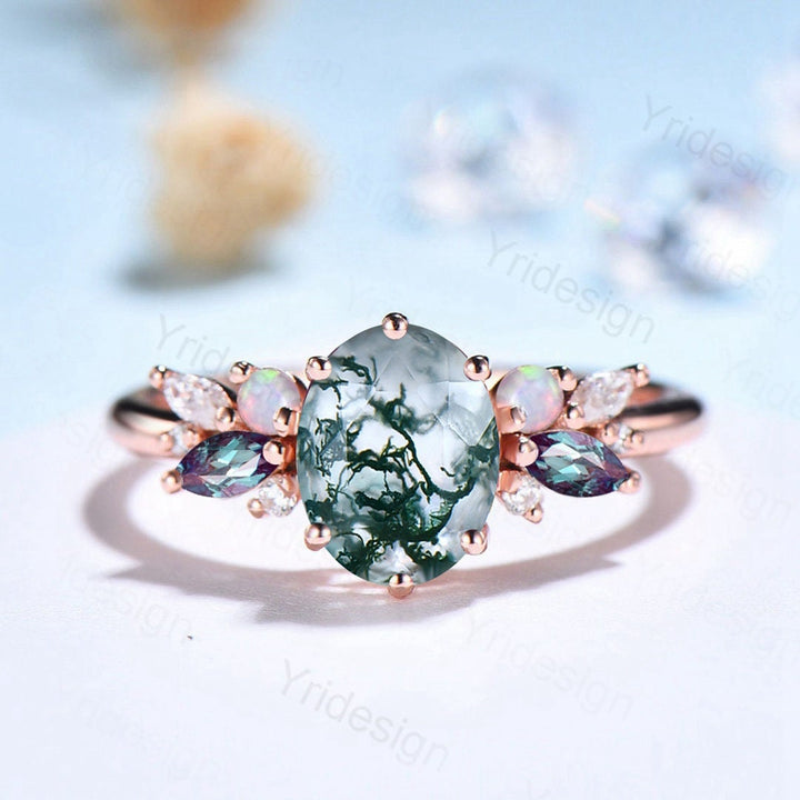 Unique Moss Agate Engagement Ring Women Alternative Alexandrite Opal Wedding Ring Vintage Nature Inspired Cluster Moissanite Promise Ring - PENFINE