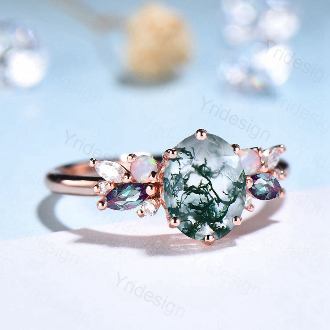 Unique Moss Agate Engagement Ring Women Alternative Alexandrite Opal Wedding Ring Vintage Nature Inspired Cluster Moissanite Promise Ring - PENFINE