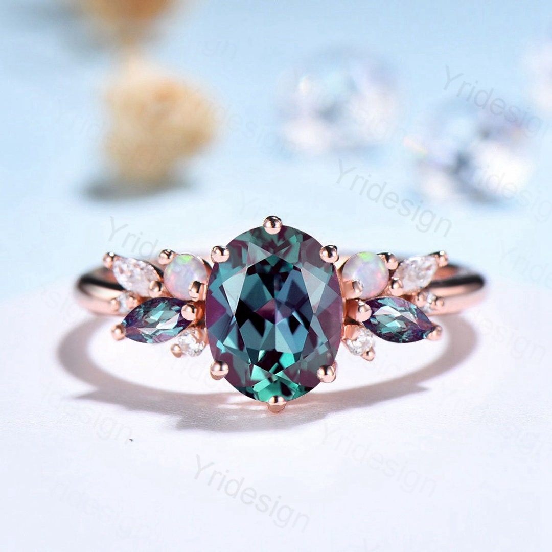 Vintage Alexandrite Engagement Ring Unique Rose Gold Cluster Alexandrite Opal Wedding Ring For Women Bridal Promise Ring Anniversary Gift - PENFINE