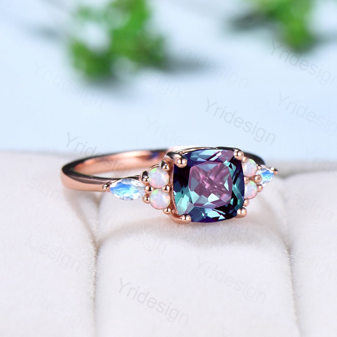 Vintage Cushion Alexandrite Ring Antique Cluster Marquise Moonstone Opal Engagement Ring Unique Art Deco June Birthstone Anniversary Gift - PENFINE