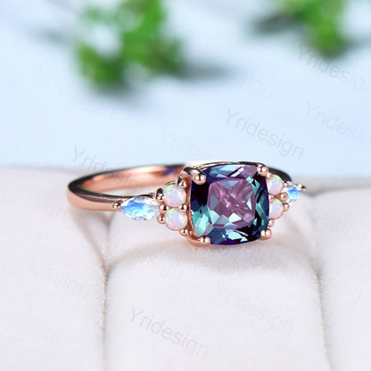 Vintage Cushion Alexandrite Ring Antique Cluster Marquise Moonstone Opal Engagement Ring Unique Art Deco June Birthstone Anniversary Gift - PENFINE