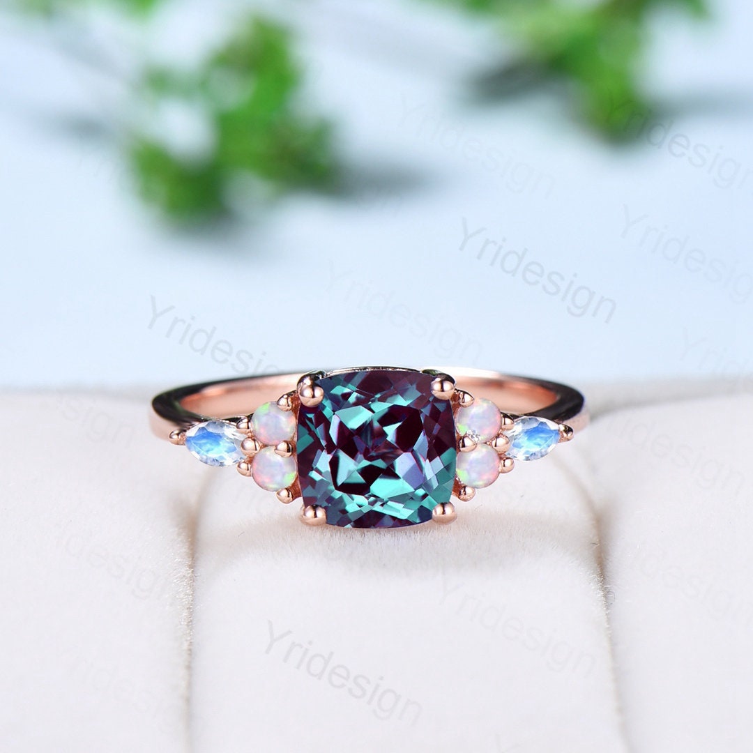 Vintage Cushion Alexandrite Ring Antique Cluster Marquise Moonstone Opal Engagement Ring Unique Art Deco June Birthstone Anniversary Gift - PENFINE