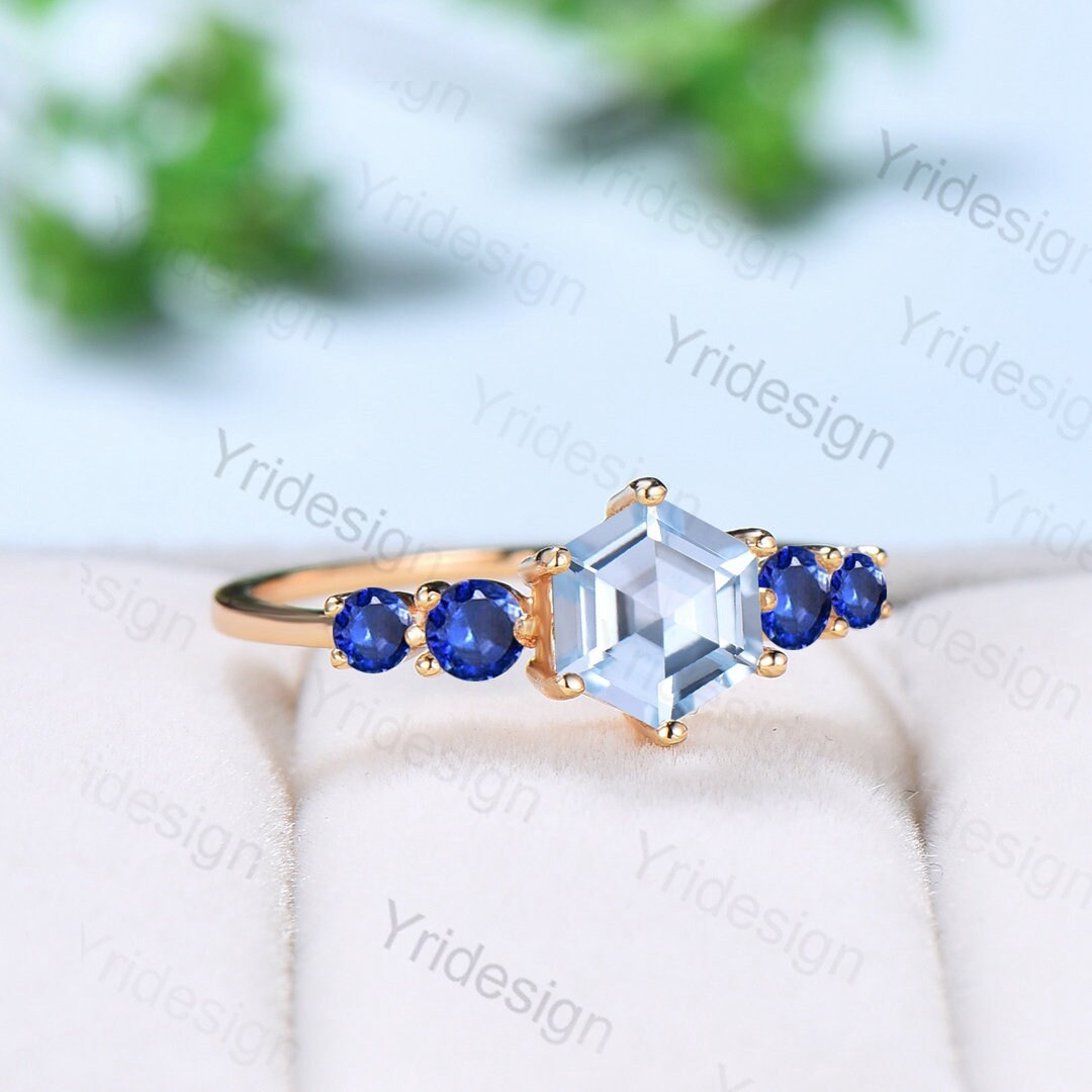 1CT Hexagon Aquamarine engagement ring Five Stone sapphire engagement ring rose gold Solid Art deco blue gemstone promise ring for her - PENFINE