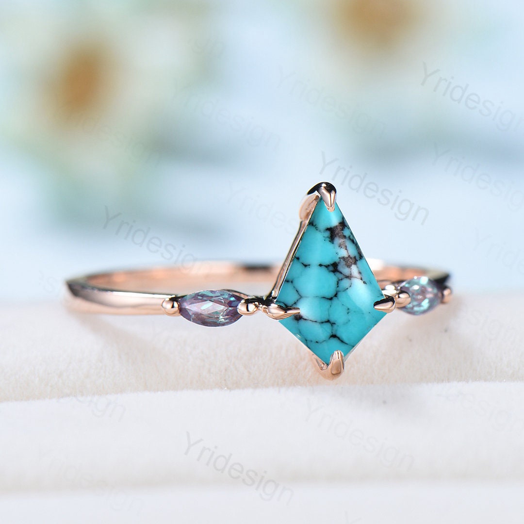 Vintage Turquoise Engagement Ring Kite Cut Three Stone Marquise Cut Alexandrite Wedding Ring For Women Minimalist Promise Ring For Her - PENFINE