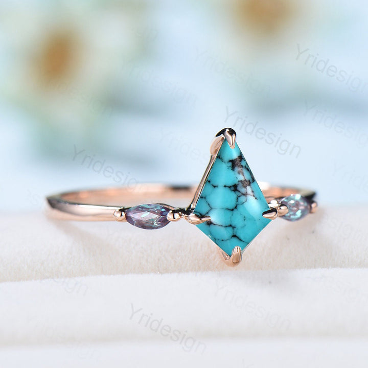 Vintage Turquoise Engagement Ring Kite Cut Three Stone Marquise Cut Alexandrite Wedding Ring For Women Minimalist Promise Ring For Her - PENFINE