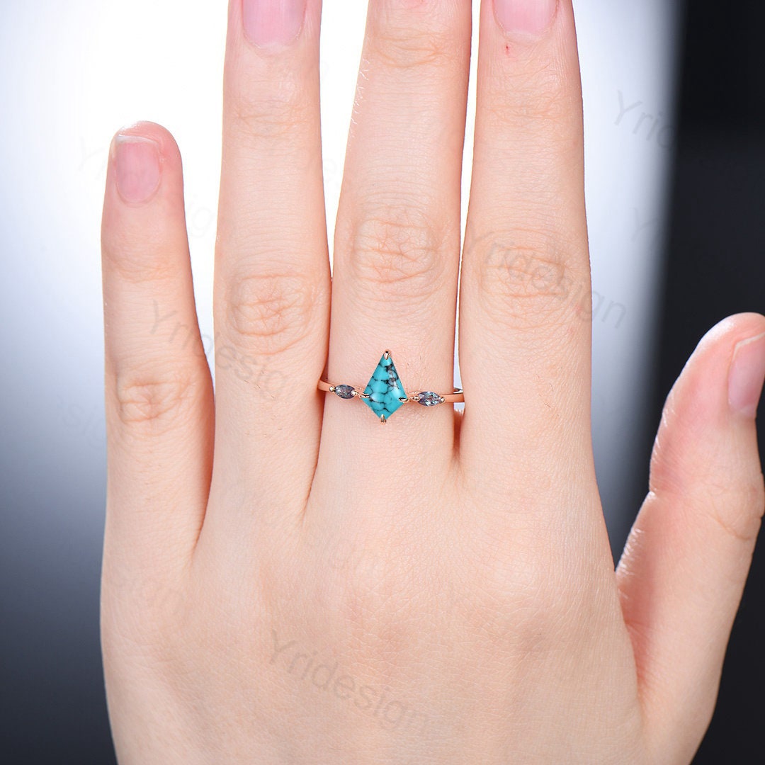 Vintage Turquoise Engagement Ring Kite Cut Three Stone Marquise Cut Alexandrite Wedding Ring For Women Minimalist Promise Ring For Her - PENFINE