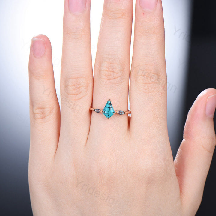 Vintage Turquoise Engagement Ring Kite Cut Three Stone Marquise Cut Alexandrite Wedding Ring For Women Minimalist Promise Ring For Her - PENFINE