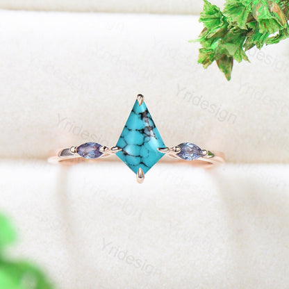 Vintage Turquoise Engagement Ring Kite Cut Three Stone Marquise Cut Alexandrite Wedding Ring For Women Minimalist Promise Ring For Her - PENFINE