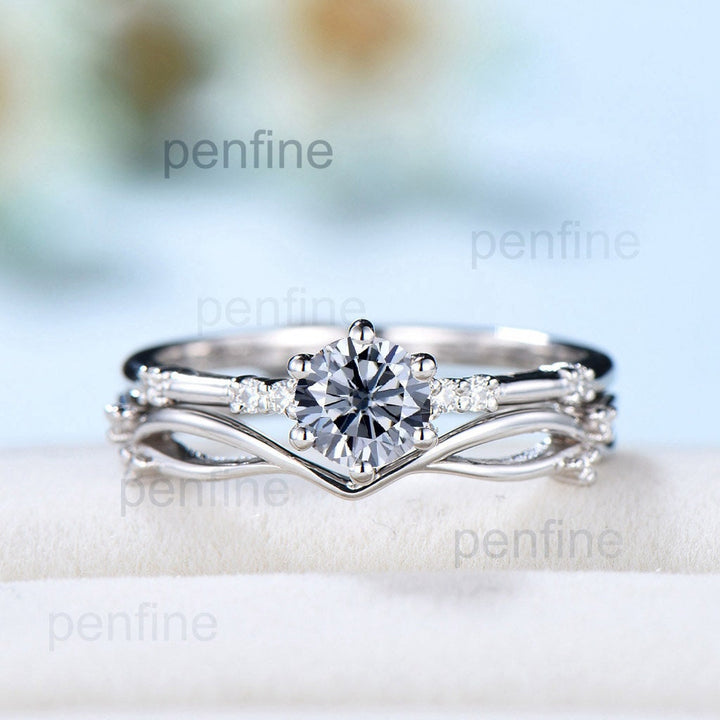 Dainty Gray moissanite engagement ring set Minimalist Moissanite wedding Set women Art Deco Bridal Anniversary Rings Promise Ring for her - PENFINE