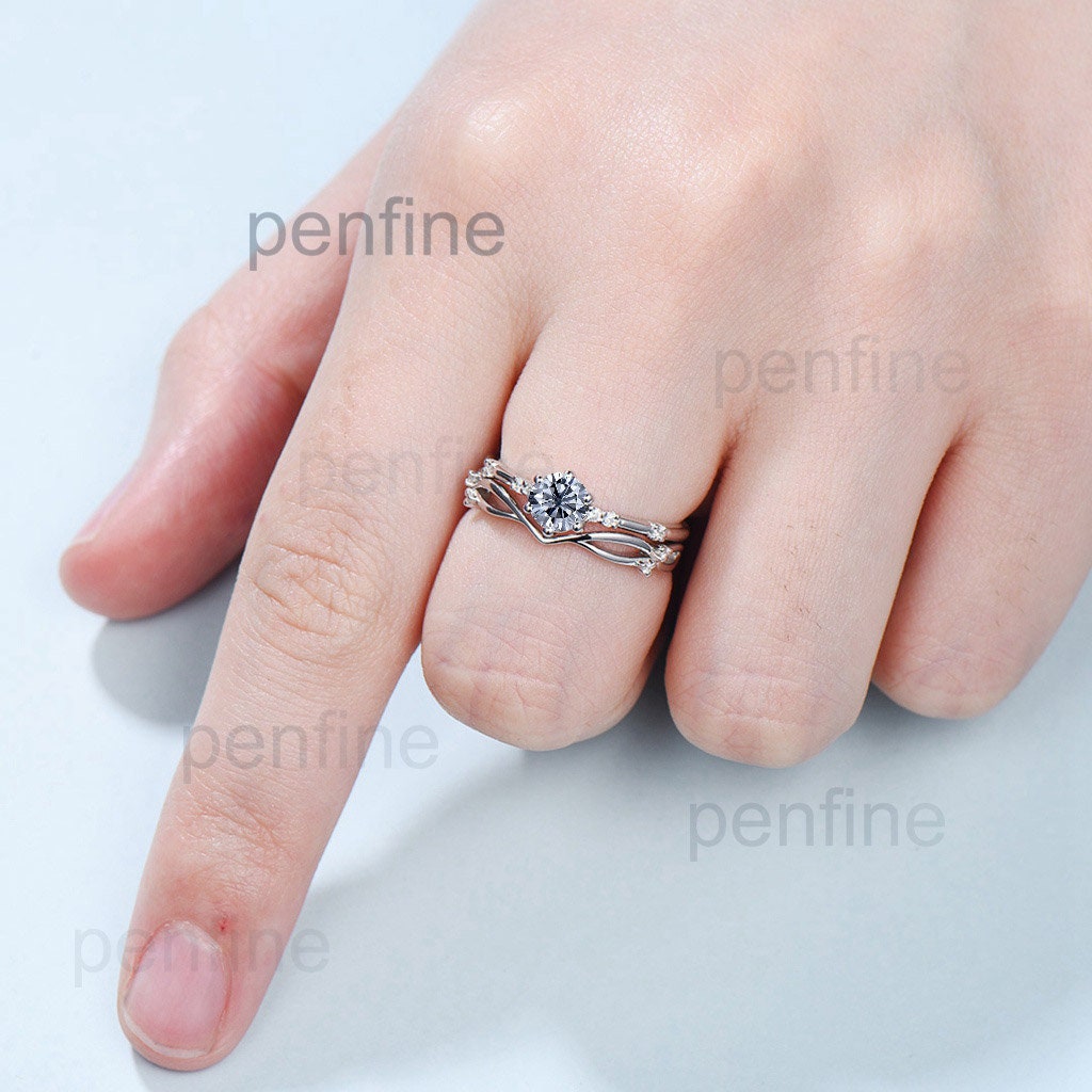 Dainty Gray moissanite engagement ring set Minimalist Moissanite wedding Set women Art Deco Bridal Anniversary Rings Promise Ring for her - PENFINE