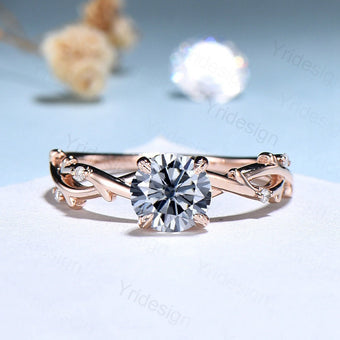 1CT Round Gray Moissanite Ring Vintage Unique Silver Moissanite Engagement Ring Inspired Leaf Cluster Rose Gold Wedding Ring For Women - PENFINE