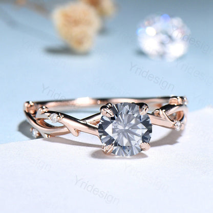 1CT Round Gray Moissanite Ring Vintage Unique Silver Moissanite Engagement Ring Inspired Leaf Cluster Rose Gold Wedding Ring For Women - PENFINE