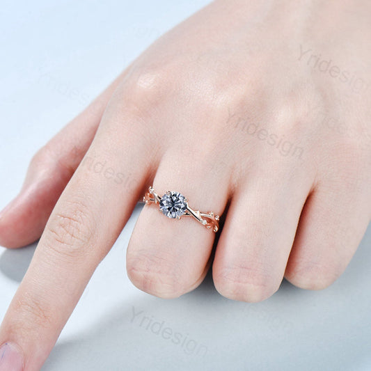 1CT Round Gray Moissanite Ring Vintage Unique Silver Moissanite Engagement Ring Inspired Leaf Cluster Rose Gold Wedding Ring For Women - PENFINE