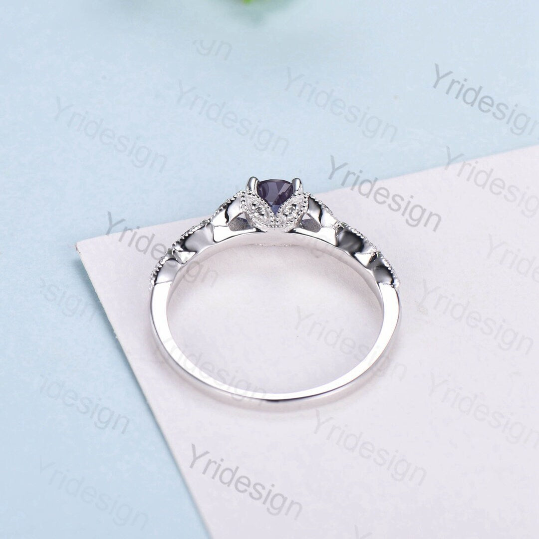 Dainty alexandrite engagement ring vintage split shank color changing alexandrite ring white gold art deco moissanite promise ring for women - PENFINE