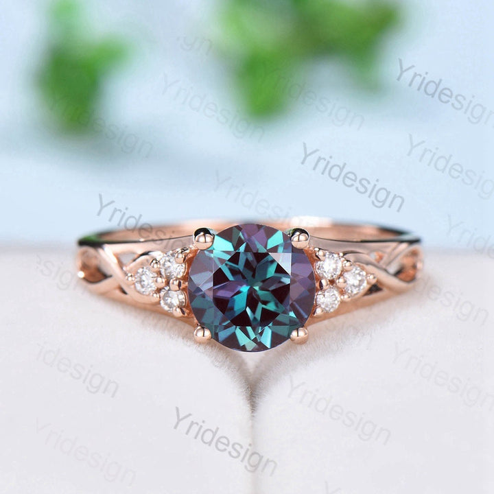 Vintage Alexandrite Engagement Ring White Gold Solid 14K/18K Gold Unique Alternative Ring Cluster Diamond Wedding Ring Anniversary gift - PENFINE