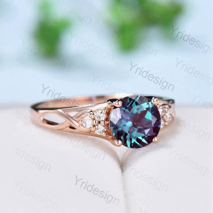 Vintage Alexandrite Engagement Ring White Gold Solid 14K/18K Gold Unique Alternative Ring Cluster Diamond Wedding Ring Anniversary gift - PENFINE