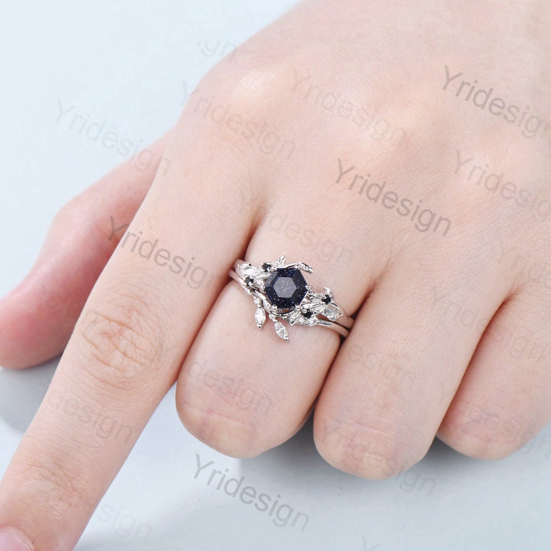 2Pcs Vintage blue sandstone wedding ring set Elegant Inspired leaf galaxy engagement ring for women Crystal promise ring Unique bridal set - PENFINE