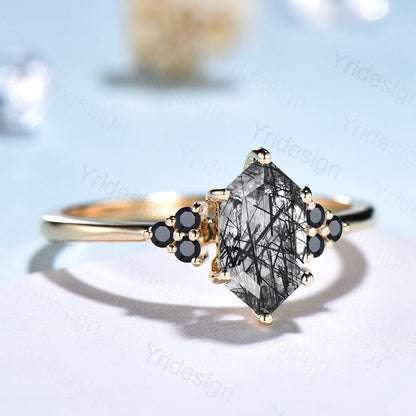 Natural Black Rutilated Quartz Ring Vintage Black Gemstone Ring Hexagon Black Rutile Quartz Engagement Ring Unique Women Wedding Bridal Ring - PENFINE