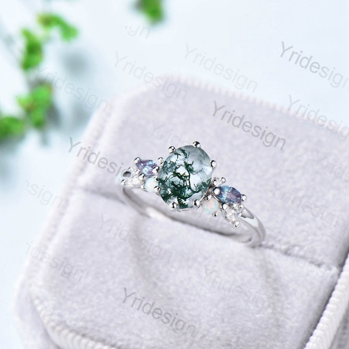 Unique Moss Agate Engagement Ring Women Alternative Alexandrite Opal Wedding Ring Vintage Nature Inspired Cluster Moissanite Promise Ring - PENFINE