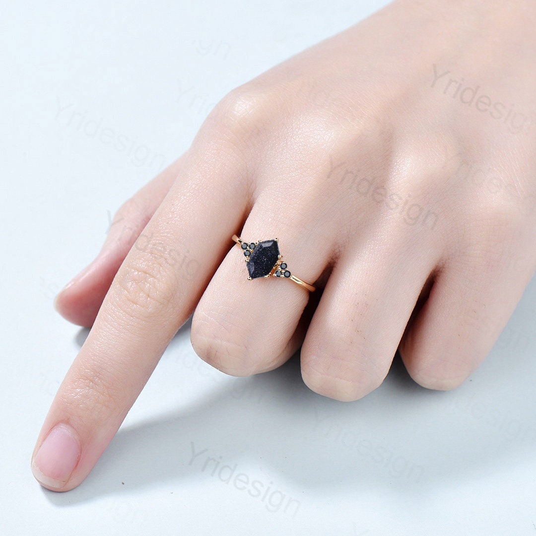 1ct hexagon cut blue sandstone engagement ring 14k rose gold sterling silver marquise cut diamond black spinel store anniversary ring for women