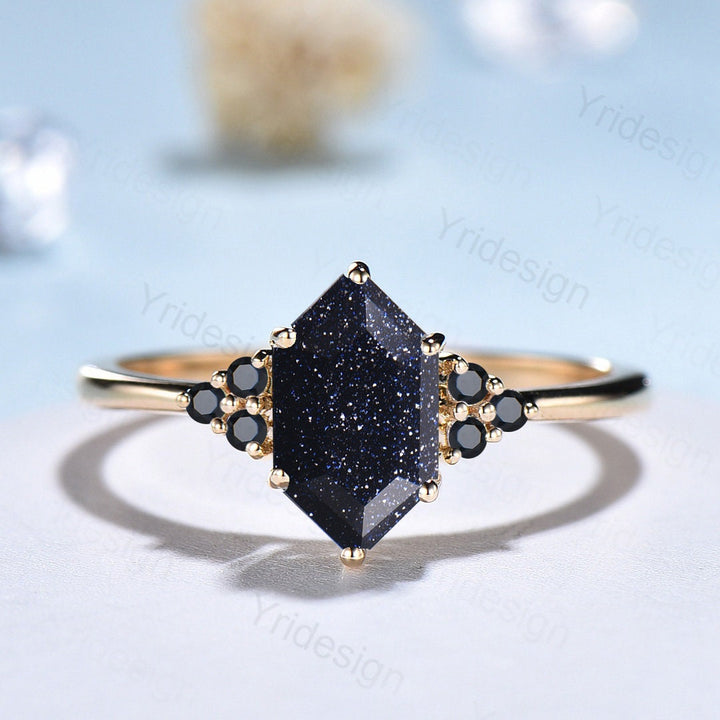 Unique Elongated Hexagon cut blue sandstone engagement ring Vintage Galaxy Sandstone black spinel wedding Ring silver Women Anniversary Gift - PENFINE