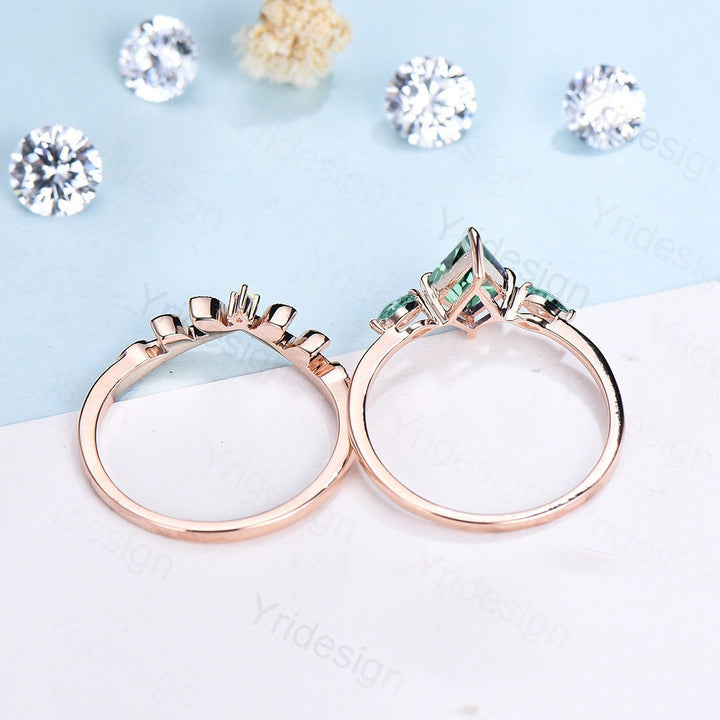 Unique Green Sapphire Engagement Ring Set Kite Cut Rose Gold Vintage Green Gemstone Wedding Ring Set Women Teal Sapphire Anniversary Gift - PENFINE