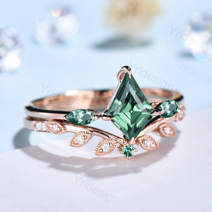 Unique Green Sapphire Engagement Ring Set Kite Cut Rose Gold Vintage Green Gemstone Wedding Ring Set Women Teal Sapphire Anniversary Gift - PENFINE