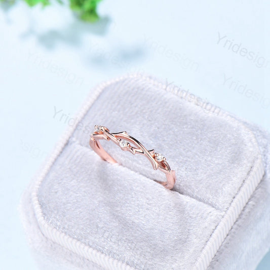Twig Branch Diamond Wedding Wedding Band Women Solid Gold Unique Wedding Ring Leaf Vine Stacking Band Infinity Anniversary Matching Band - PENFINE