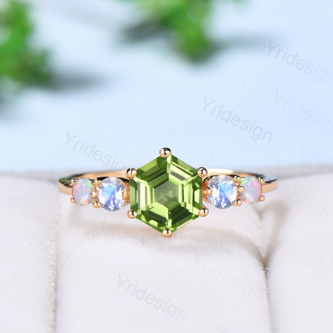 Vintage unique Peridot ring minimalist hexagon Peridot engagement ring silver 5 stone moonstone opal wedding ring for women anniversary gift - PENFINE