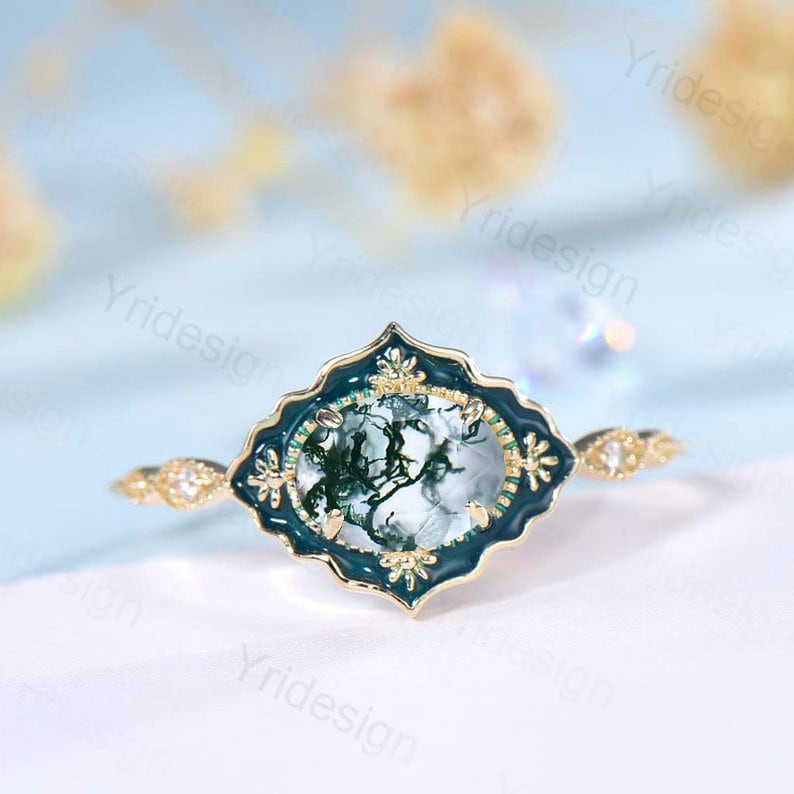 Vintage Moss Agate Engagement Ring Unique Enamel Green Stone Wedding Ring Women 14K Yellow Gold Art Deco Antique Anniversary Gift For Her - PENFINE