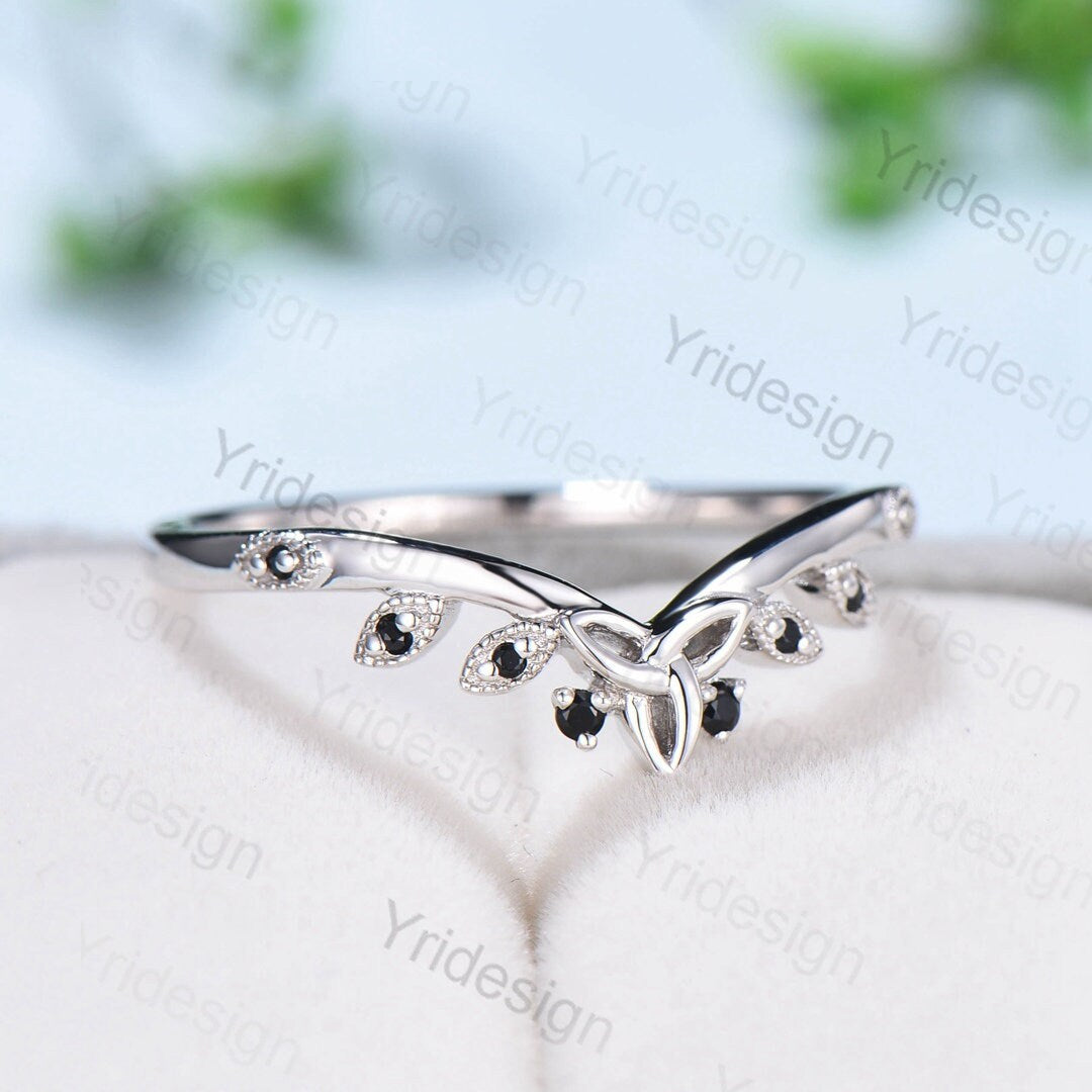 Celtic Knot Norse Viking black diamond wedding band women-unique curved wedding band stacking ring spinel band Valencia Leaf Wedding Band - PENFINE