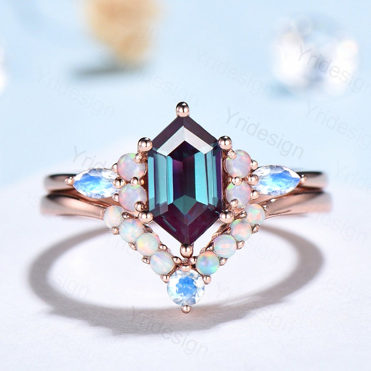 Vintage Alexandrite engagement ring set hexagon cut ring rose gold art deco marquise moonstone ring unique opal wedding ring set for women - PENFINE