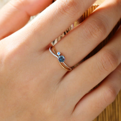 5mm Dainty round alexandrite ring Unique moonstone alexandrite engagement ring split shank Delicate June birthstone wedding ring for women - PENFINE