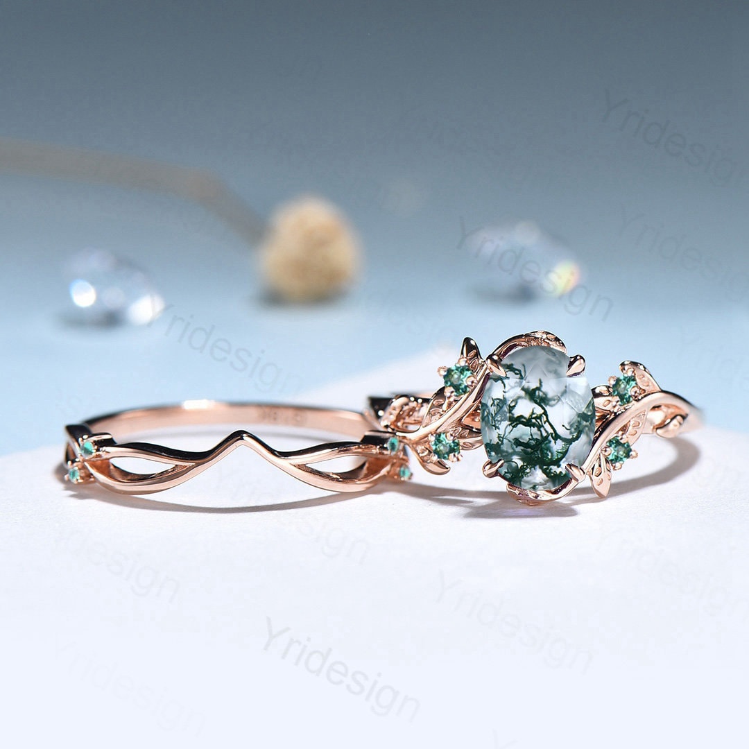 Natural Inspired Leaf moss agate ring set cluster emerald aquatic agate engagement ring women unique green stone wedding ring set for her - PENFINE