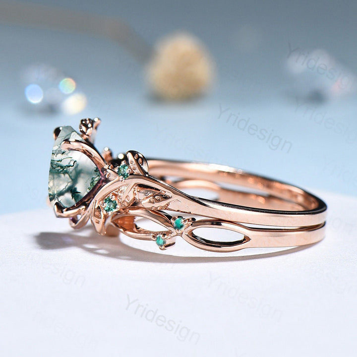 Natural Inspired Leaf moss agate ring set cluster emerald aquatic agate engagement ring women unique green stone wedding ring set for her - PENFINE