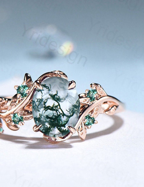 Natural Inspired Leaf moss agate ring set cluster emerald aquatic agate engagement ring women unique green stone wedding ring set for her - PENFINE