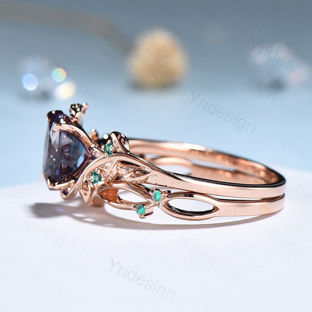 Natural Inspired Leaf alexandrite ring set cluster emerald color changing engagement ring unique green stone gold wedding ring set for women - PENFINE