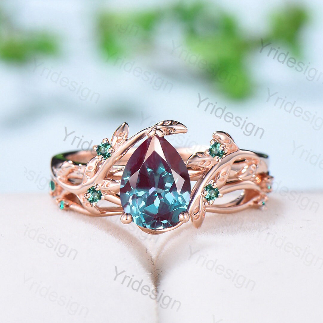 Natural Inspired alexandrite engagement ring Teardrop Leaf vine color-change wedding set rose gold vintage unique promise ring for women - PENFINE